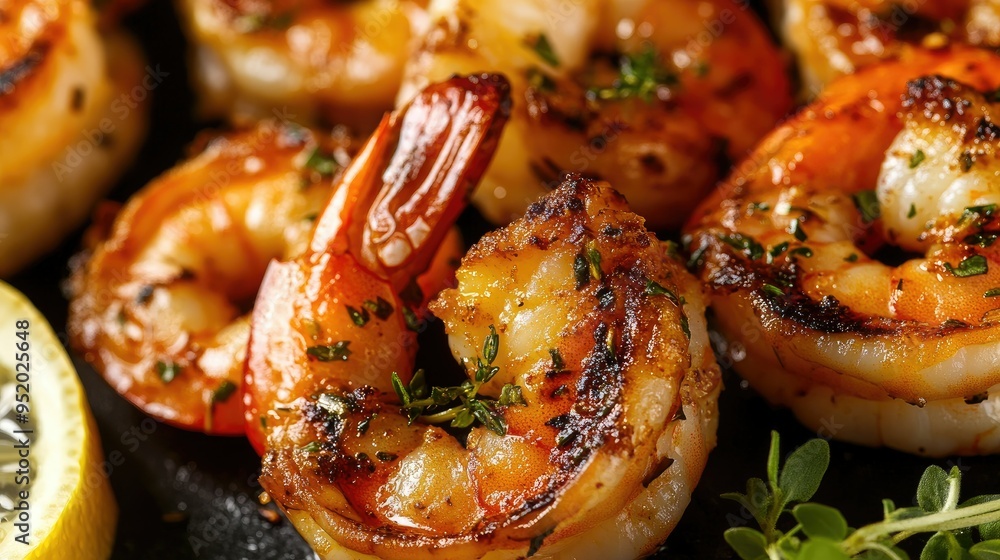 A close-up of perfectly grilled shrimp with a golden, crispy exterior, garnished with fresh herbs and lemon slices, highlighting the delicious texture and flavor. A close-up of perfectly grilled shrimp with a golden, crispy exterior, garnished with fresh herbs and lemon slices, highlighting the delicious texture and flavor.