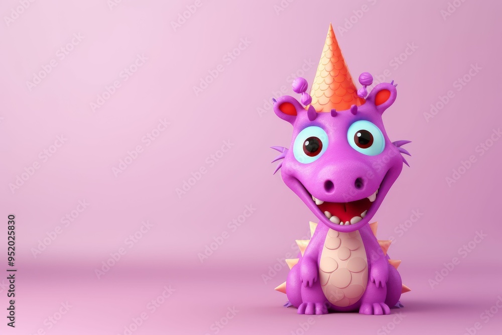 Happy cute dragon with a birthday hat on his head, isolated on solid random background advertisement, copy text space. birthday party invite invitation Happy cute dragon with a birthday hat on his head, isolated on solid random background advertisement, copy text space. birthday party invite invitation