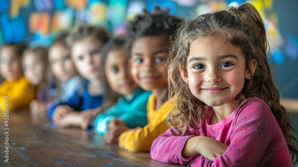 Happy Little Girl Smiling with Diverse Friends in Classroom Happy Little Girl Smiling with Diverse Friends in Classroom