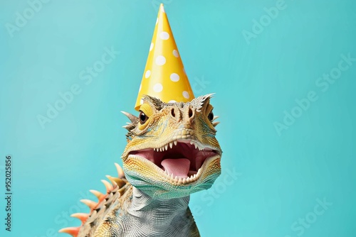 Happy cute dragon with a birthday hat on his head, isolated on solid random background advertisement, copy text space. birthday party invite invitation