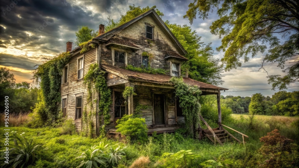 Decaying, eerie, abandoned house in a rural setting, with overgrown vegetation, broken shutters, and a crooked, leaning porch, radiating an air of mysterious desolation. Decaying, eerie, abandoned house in a rural setting, with overgrown vegetation, broken shutters, and a crooked, leaning porch, radiating an air of mysterious desolation.