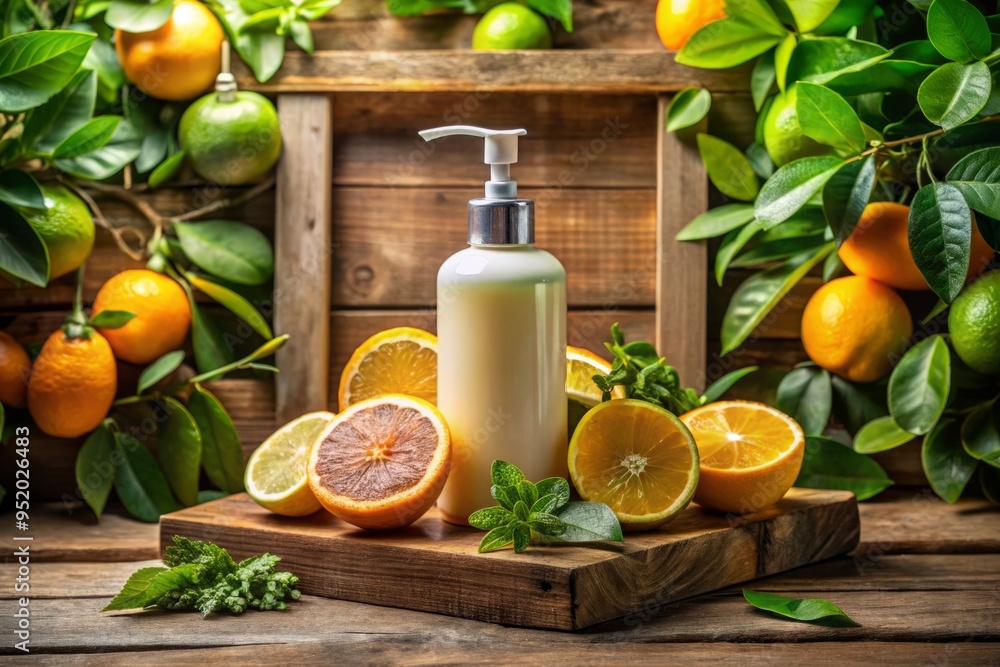 A facial cleanser bottle sitting on a rustic, natural wood shelf, surrounded by lush greenery and a few slices of citrus fruits, evoking a sense of naturalness andorganic living. A facial cleanser bottle sitting on a rustic, natural wood shelf, surrounded by lush greenery and a few slices of citrus fruits, evoking a sense of naturalness andorganic living.