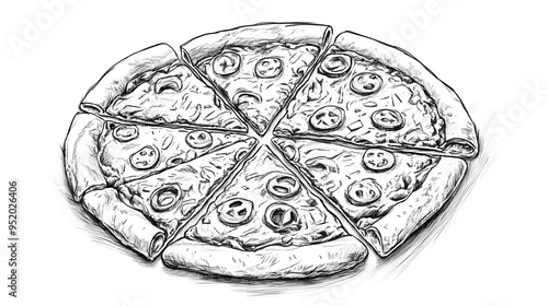 Hand Drawn Sketch of a Pizza with Six Slices