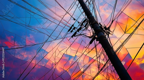 A close-up of tangled power lines crisscrossing in the sky, with the poles and wires forming a chaotic yet intricate pattern against a sunset backdrop. photo