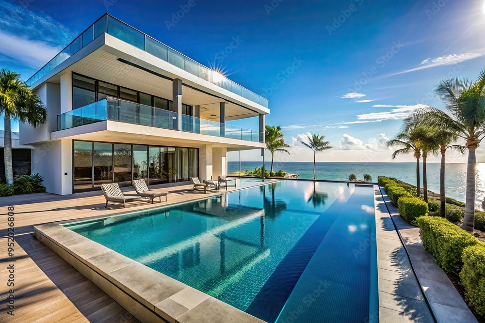 Fototapeta premium Private modern mansion in Florida's Gulf Coast with sleek lines, infinity pool, and endless ocean views under a brilliant blue sky