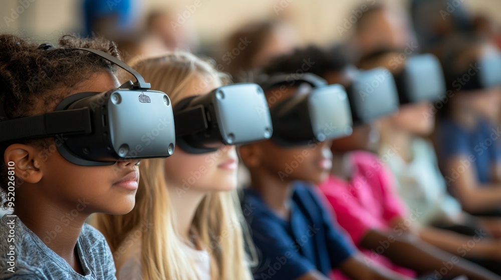 Children Immersed in Virtual Reality Experience with VR Headsets Children Immersed in Virtual Reality Experience with VR Headsets