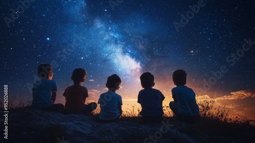 Children Watching Milky Way Night Sky Stars