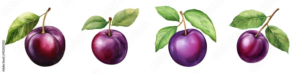 A collection of plums featuring various sizes and shades, showcasing their vibrant colors and lush green leaves. A collection of plums featuring various sizes and shades, showcasing their vibrant colors and lush green leaves.