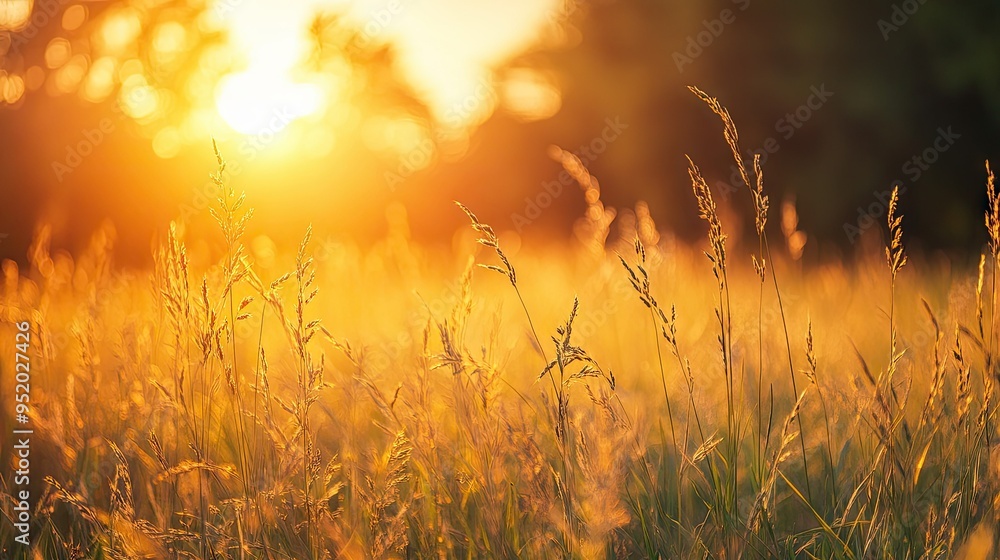 Obraz premium A close-up of the sun setting over a field of tall grass, with the golden light casting long shadows and creating a warm, natural ambiance.