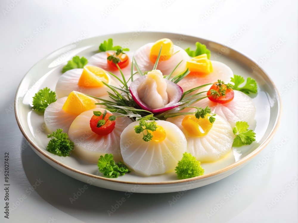 a photo image of a delicate arrangement of fresh scallop sashimi slices perched on a crisp white plate against a clean white background. a photo image of a delicate arrangement of fresh scallop sashimi slices perched on a crisp white plate against a clean white background.