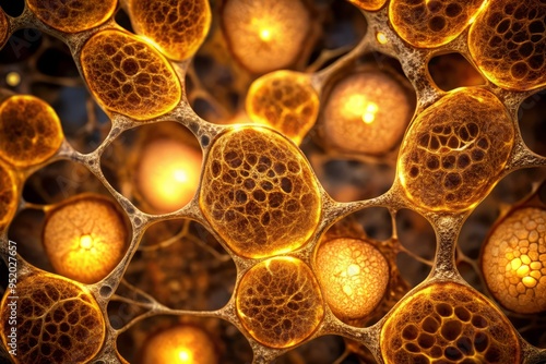 Brown adipose tissue cells illuminated under a microscope, with a shallow depth of field and soft, golden lighting to highlight their intricate structures and textures