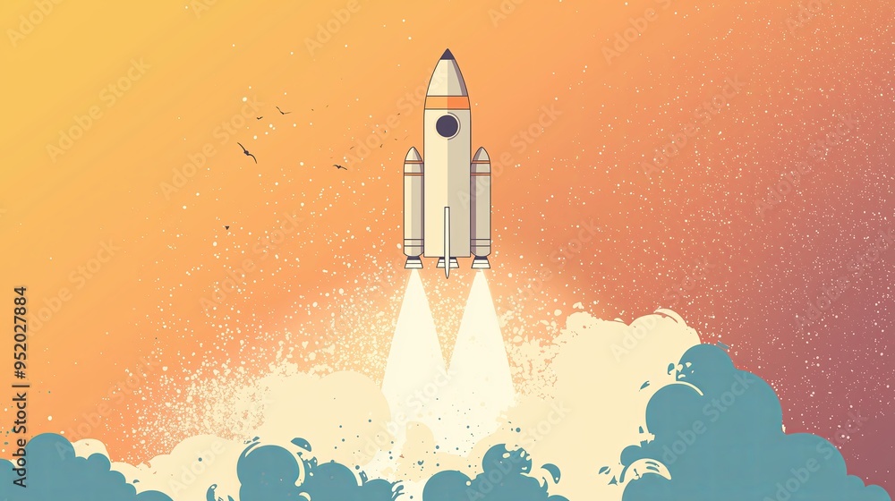 Obraz premium Business Startup Concept Illustration Featuring Rocket Launch Representing New Beginnings Ambition and Market Entry