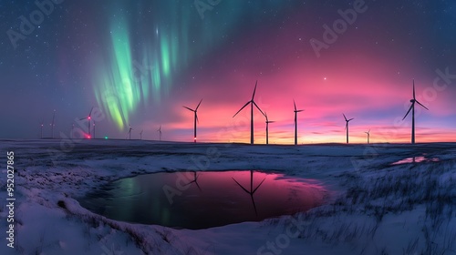 Wallpaper Mural Wind Turbines Silhouette at Sunset with Aurora Borealis and Stars Torontodigital.ca