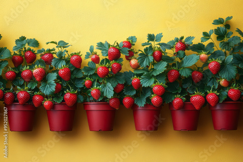 A row of strawberry plants in hanging pots, with small red berries ripening, isolated on a pastel yellow background,