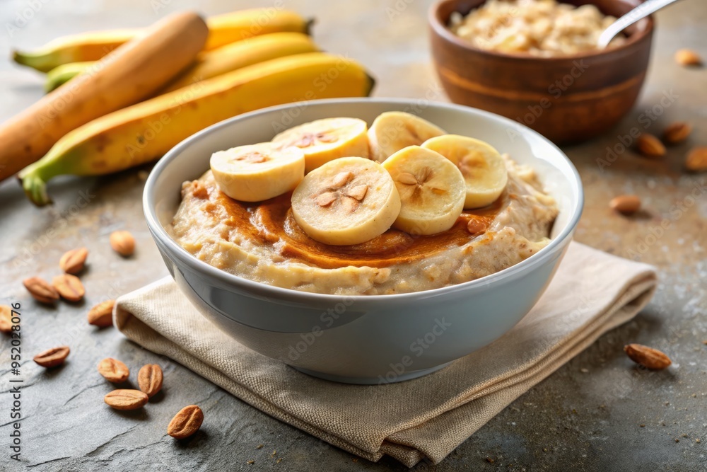 A refreshing and healthy breakfast scene, featuring a bowl of protein-rich oatmeal topped with sliced banana, almond butter, and a sprinkle of cinnamon A refreshing and healthy breakfast scene, featuring a bowl of protein-rich oatmeal topped with sliced banana, almond butter, and a sprinkle of cinnamon