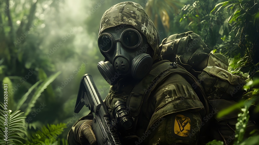 Camouflaged Soldier in Gas Mask with Rifle in Jungle Camouflaged Soldier in Gas Mask with Rifle in Jungle