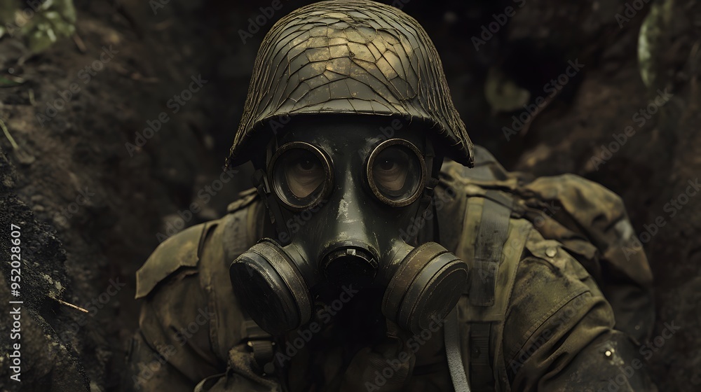 Soldier in Gas Mask and Camouflage Uniform in Forest Soldier in Gas Mask and Camouflage Uniform in Forest