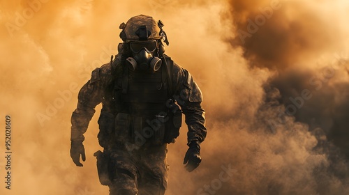 Soldier in Gas Mask Walking Through Smoke