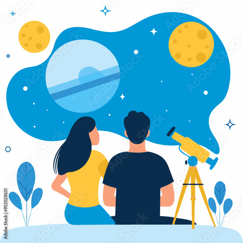 Couple stargazing with telescope under a starry night illustration