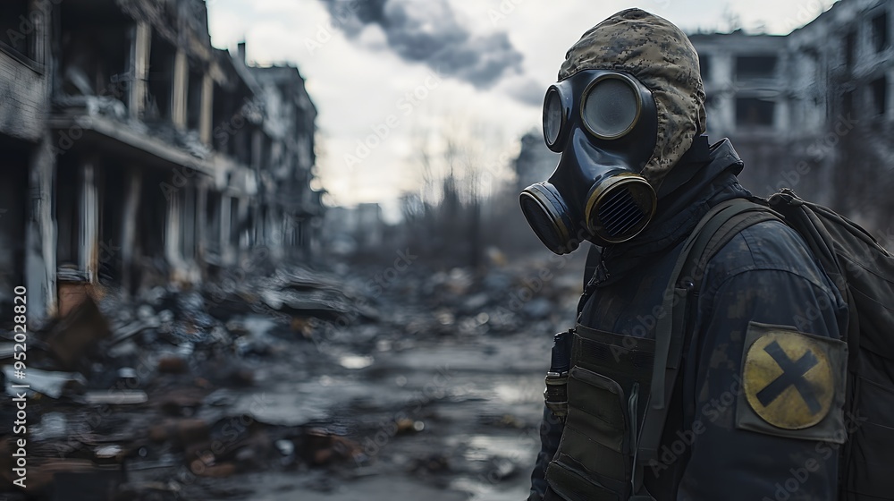 Man in Gas Mask Walking Through Destroyed City Man in Gas Mask Walking Through Destroyed City