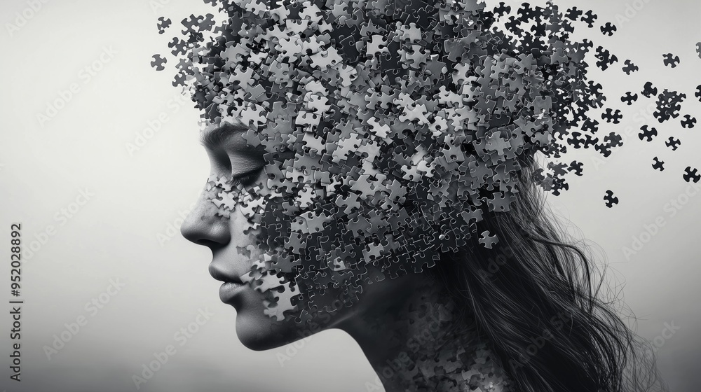 A woman's head fragmented into many puzzle pieces, symbolizing complexity and mental fragmentation. A woman's head fragmented into many puzzle pieces, symbolizing complexity and mental fragmentation.