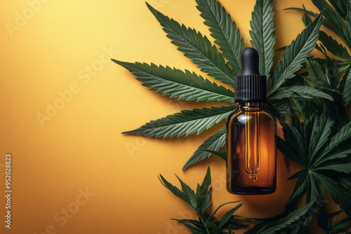 A cannabis oil dropper bottle next to a hemp leaf, isolated on a pastel yellow background,