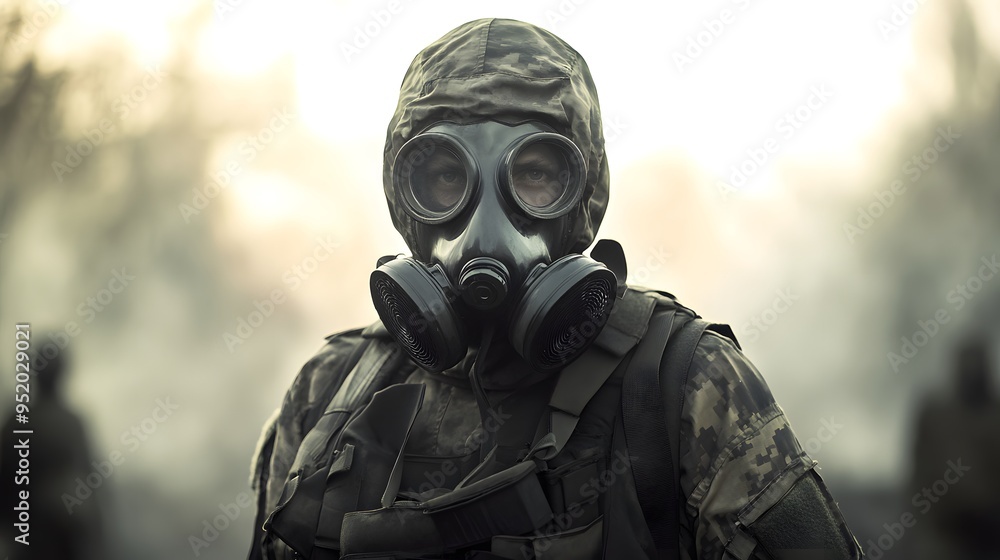 Soldier in Gas Mask with Smoke in the Background Soldier in Gas Mask with Smoke in the Background