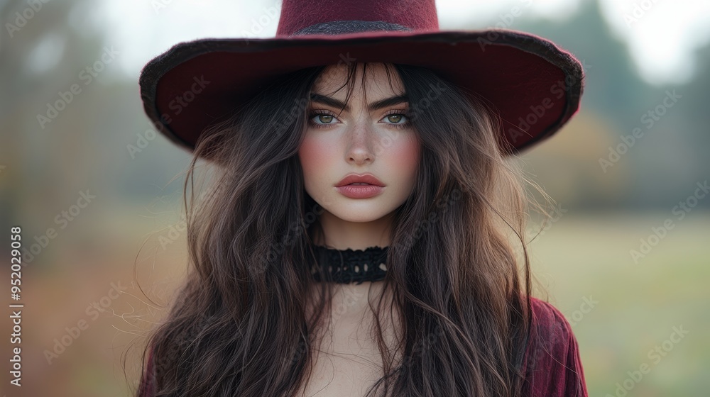 A striking portrait of a young woman with long, wavy dark hair and a wide-brimmed hat, taken in a serene outdoor setting with soft natural lighting A striking portrait of a young woman with long, wavy dark hair and a wide-brimmed hat, taken in a serene outdoor setting with soft natural lighting