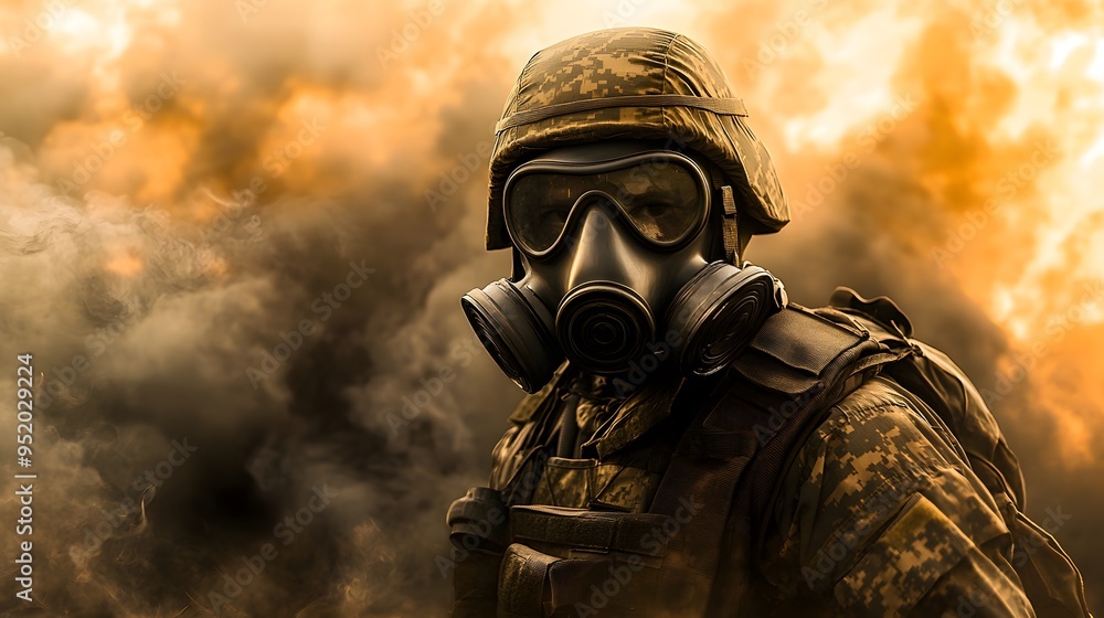 Soldier in Gas Mask and Camouflage with Smoke Background Soldier in Gas Mask and Camouflage with Smoke Background