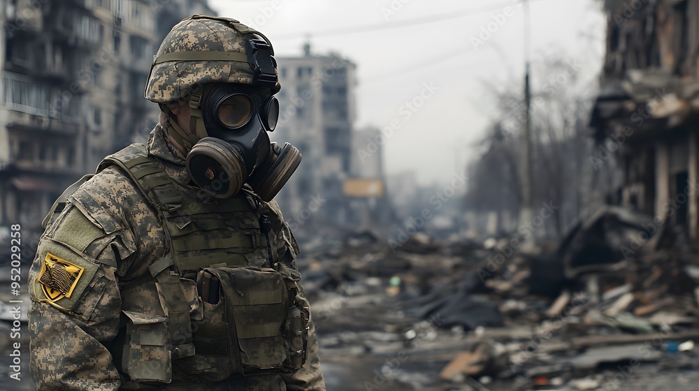 Soldier in Gas Mask Standing in Destroyed City Soldier in Gas Mask Standing in Destroyed City