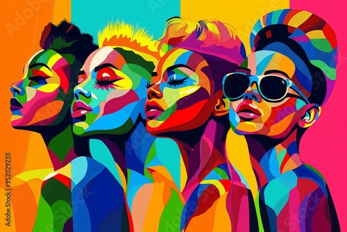 Vibrant Vector Art of Diverse Women with Bold Hairstyles and Sunglasses in Rainbow Pride Colors