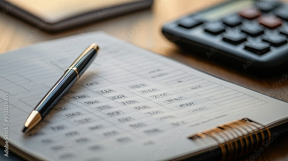 A detailed shot of a financial planner open to a page with budget tracking and savings goals, with a calculator and pen beside it, representing financial organization. - A detailed shot of a financial planner open to a page with budget tracking and savings goals, with a calculator and pen beside it, representing financial organization. -
