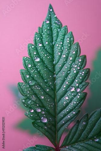 A cannabis leaf with droplets of morning dew, isolated on a pastel pink background,