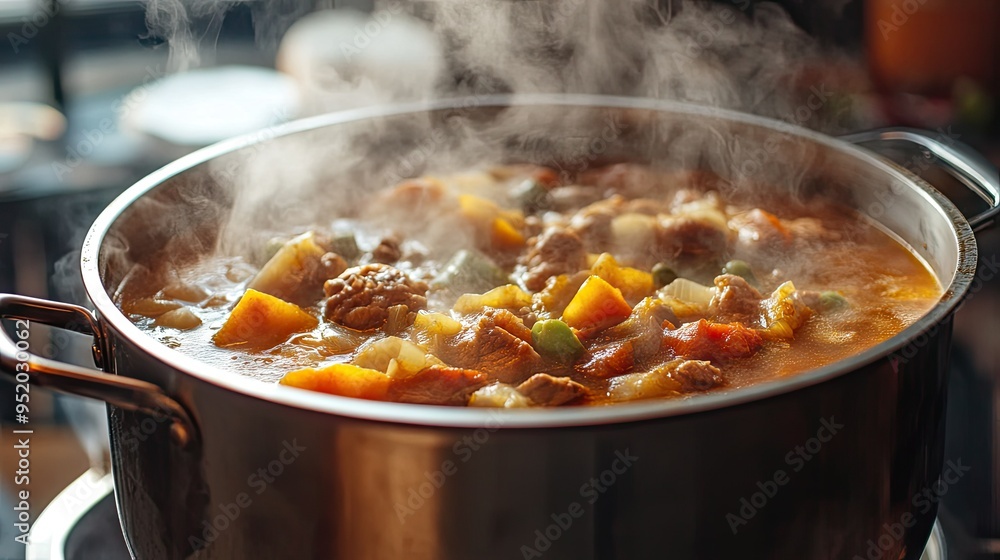 A detailed shot of a large stock pot filled with a hearty stew, with ingredients like vegetables and meat visible, and steam rising from the pot.