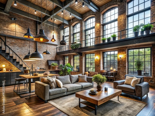 industrial-chic exposed brick walls with reclaimed wood accents and edgy modern lighting fixtures in a converted warehouse loft apartment