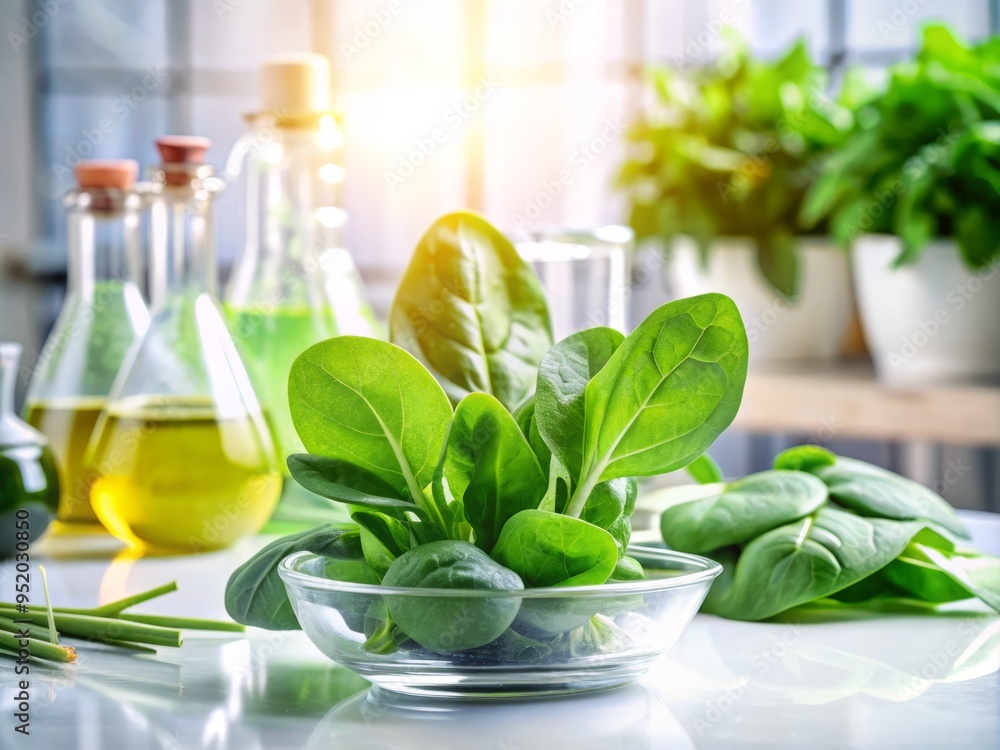 Fresh spinach leaves bursting with nutrients, surrounded by gleaming laboratory equipment, under soft, natural light, with a shallow depth of field Fresh spinach leaves bursting with nutrients, surrounded by gleaming laboratory equipment, under soft, natural light, with a shallow depth of field