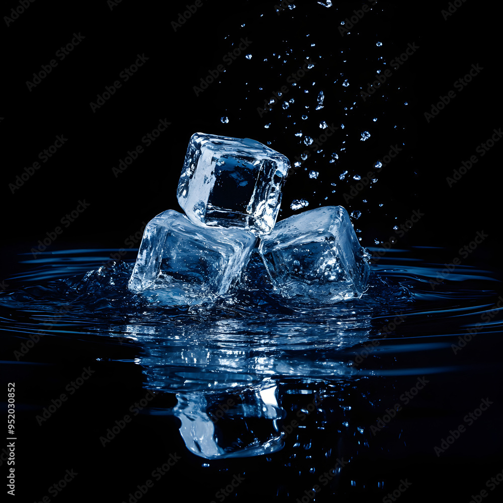 Ice cubes floating in blue water against a black background image Ice cubes floating in blue water against a black background image