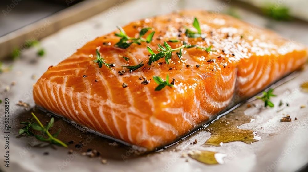 A detailed shot of a salmon fillet with a honey glaze, placed on a baking sheet and garnished with herbs, ready to be baked and served. - A detailed shot of a salmon fillet with a honey glaze, placed on a baking sheet and garnished with herbs, ready to be baked and served. -