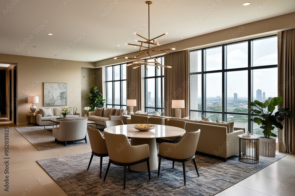 Elegant Beige Lounge with Dining Table, Chill Corner, and Expansive Window in Contemporary Interior Arrangement Elegant Beige Lounge with Dining Table, Chill Corner, and Expansive Window in Contemporary Interior Arrangement