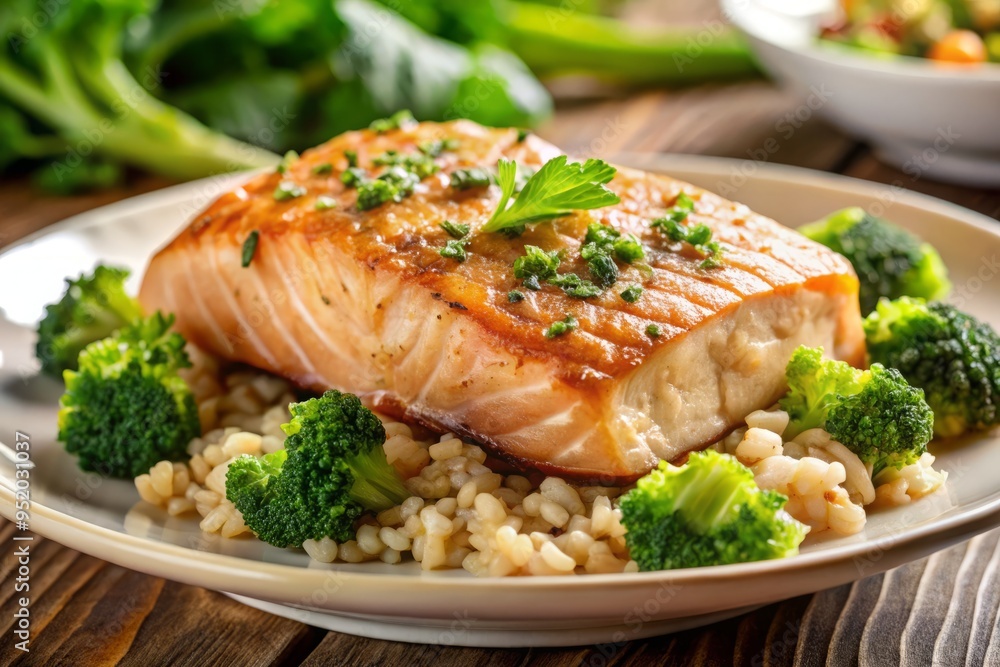 A close-up of a slice of grilled salmon with a side of sautéed broccoli and brown rice A close-up of a slice of grilled salmon with a side of sautéed broccoli and brown rice