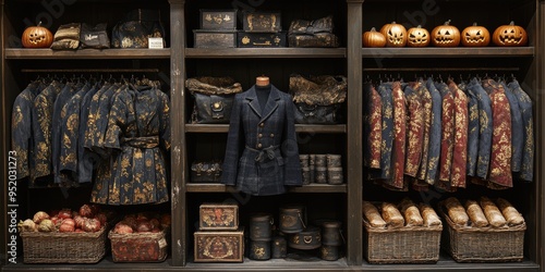 Wallpaper Mural An elegant and eclectic display of vintage jackets, perched next to decorative pumpkins, rustic bread baskets, and aged boxes set in a creatively curated shelf Torontodigital.ca