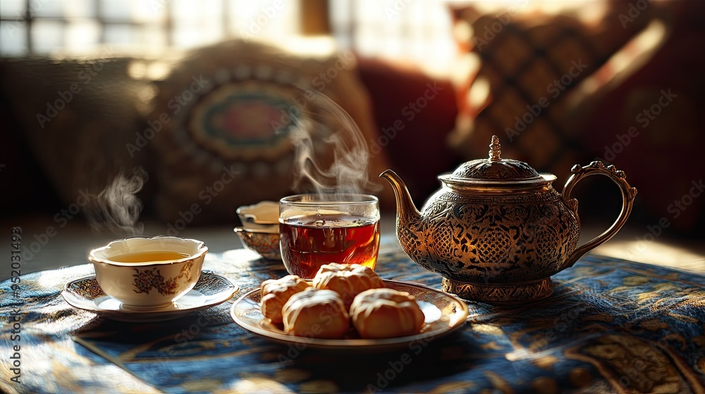Fototapeta premium A detailed shot of a traditional tea setup with a pot of hot tea, cups, and a plate of pastries, highlighting the cultural and relaxing aspects of enjoying tea.