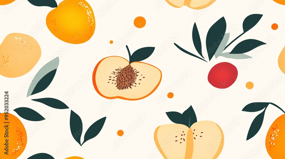 Summer Fruit Delight: A vibrant and cheerful seamless pattern featuring juicy peaches, tangy oranges, and delicate leaves, perfect for adding a touch of freshness and summery charm to any design. Summer Fruit Delight: A vibrant and cheerful seamless pattern featuring juicy peaches, tangy oranges, and delicate leaves, perfect for adding a touch of freshness and summery charm to any design.