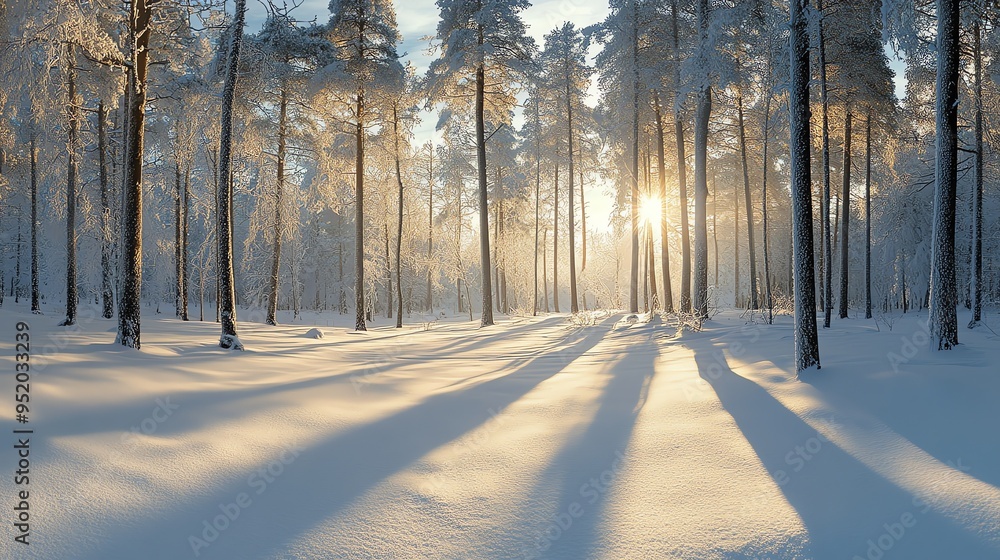 A serene winter scene with tall snow-covered trees casting long shadows on a pristine blanket of white snow. A serene winter scene with tall snow-covered trees casting long shadows on a pristine blanket of white snow.