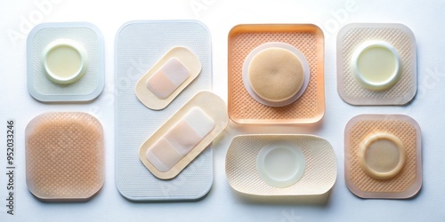 A subtle gradient of hydrogel dressings in various sizes and shapes, showcasing versatility and flexibility