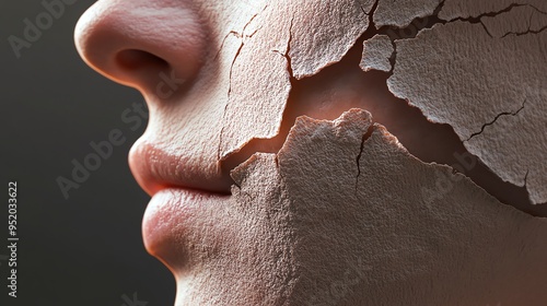 A close-up of a cracked face, symbolizing aging, vulnerability, and the beauty of imperfection in human skin. photo