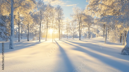 A serene winter landscape with snow-covered trees and a bright, sun-drenched sky.