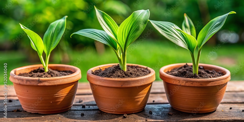 a photo image of lush green young cardamom plants with three to four leaves in a small terra cotta pot with soil. a photo image of lush green young cardamom plants with three to four leaves in a small terra cotta pot with soil.