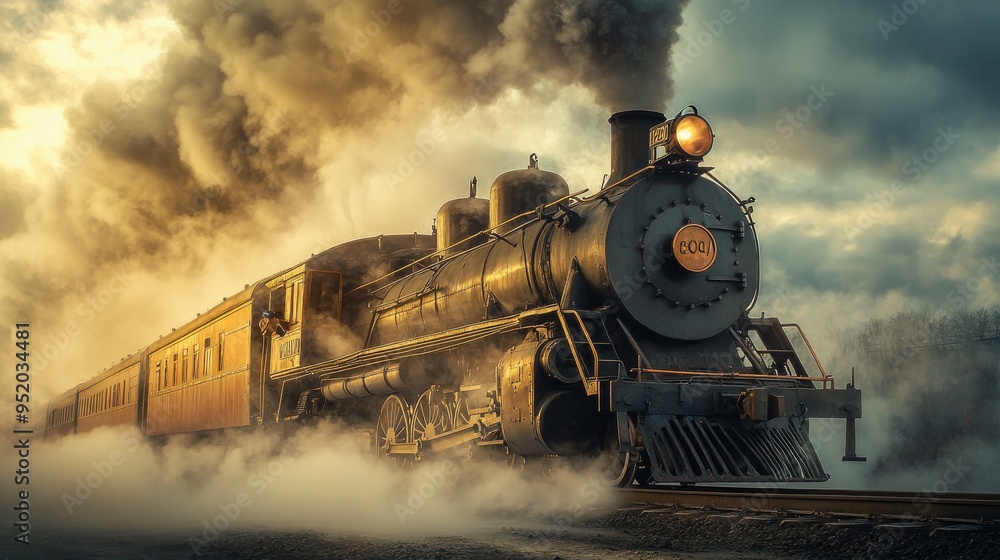 Obraz premium A dramatic shot of steam billowing out of a train locomotive, with the powerful engine and vintage design adding to the historical and industrial ambiance.