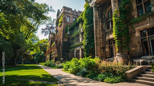 An old university building with ivy-covered walls, large pillars and beautifully manicured lawns photo